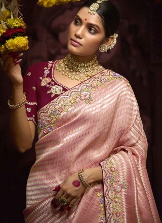 Pink Kanjivaram Silk Embroidered, Weaving and Zari Work Contemporary Saree