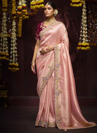 Pink Kanjivaram Silk Embroidered, Weaving and Zari Work Contemporary Saree