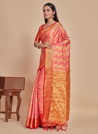 Pink Kanjivaram Silk Woven Work Contemporary Sari for Engagement