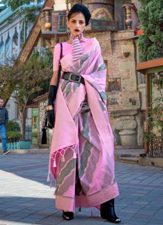 Pink Katan Silk Weaving Work Classic Saree