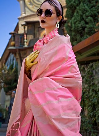 Pink Katan Silk Weaving Work Classic Saree