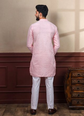 Pink Silk Kurta Pyjama with Chikankari and Embroidered Work for Men