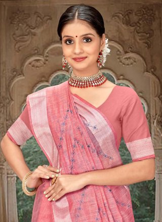 Pink Linen Embroidered Work Contemporary Saree for Women