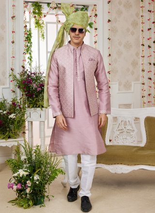Pink Machine Embroidery Work Art Banarasi Silk Kurta Payjama with Jacket