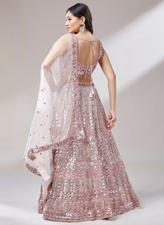 Pink Net A - Line Lehenga Choli with Cord, Embroidered, Mirror, Sequins and Thread Work for Women