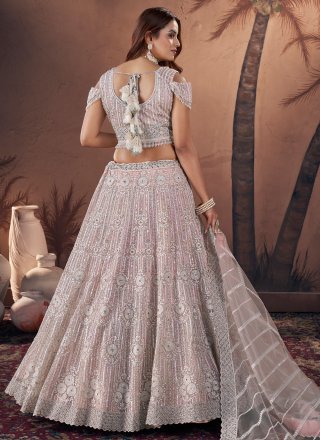Pink Net A - Line Lehenga Choli with Embroidered, Hand and Sequins Work for Engagement