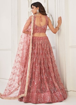 Pink Net A - Line Lehenga Choli with Embroidered, Mirror, Sequins and Thread Work for Women