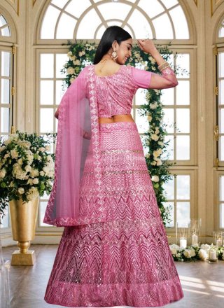 Pink Net A - Line Lehenga Choli with Embroidered, Sequins and Thread Work for Casual