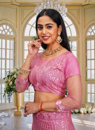 Pink Net A - Line Lehenga Choli with Embroidered, Sequins and Thread Work for Casual