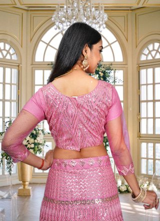 Pink Net A - Line Lehenga Choli with Embroidered, Sequins and Thread Work for Casual
