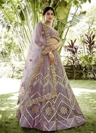 Pink Net A - Line Lehenga Choli with Embroidered Work