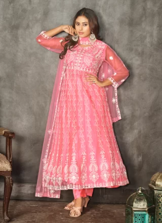 Pink Net Anarkali Suit with Embroidered Work