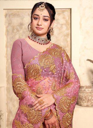 Pink Net Contemporary Sari with Embroidered, Resham and Stone Work for Women