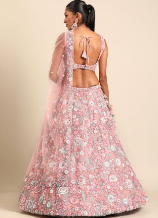 Pink Net Cord, Embroidered, Mirror, Sequins and Thread Work A - Line Lehenga Choli for Women