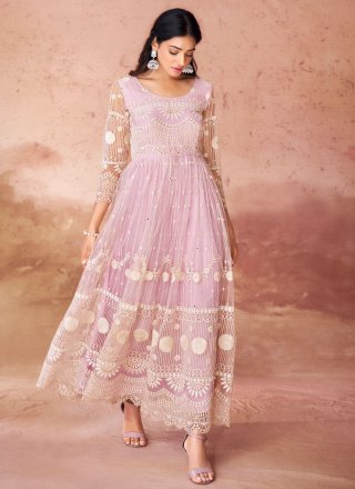 Pink Net  Designer Gown with Embroidered and Sequins Work for Festival