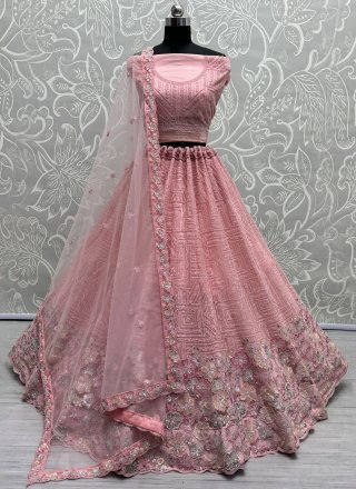 Pink Net Diamond, Dori, Embroidered, Sequins, Thread and Zari Work A - Line Lehenga Choli for Engagement