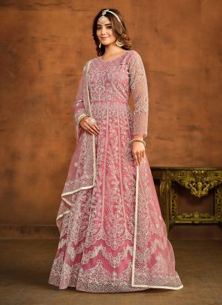 Pink Net Embroidered and Resham Work Anarkali Suit