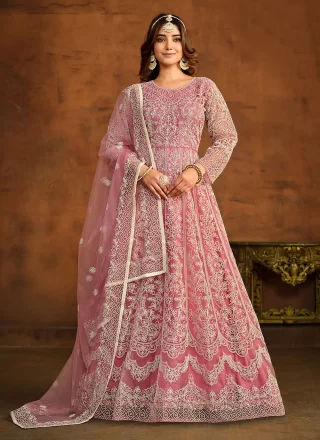 Faux Georgette Pink Embroidered Pant Style Suit