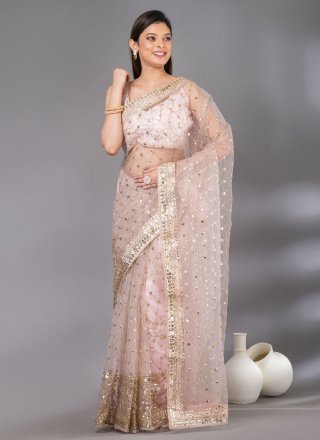 Pink Net Embroidered and Sequins Work Trendy Saree for Women
