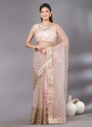 Pink Net Embroidered and Sequins Work Trendy Saree for Women