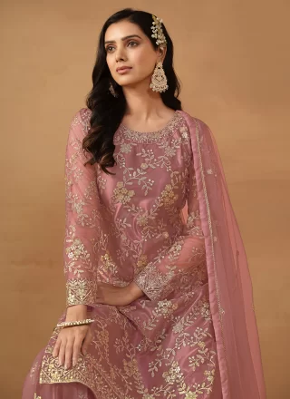 Pink Net Embroidered and Sequins Work Trendy Suit for Ceremonial