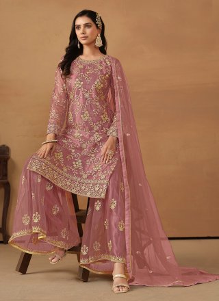Pink Net Embroidered and Sequins Work Trendy Suit for Ceremonial