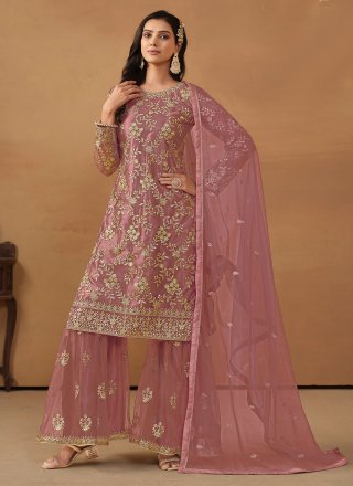 Pink Net Embroidered and Sequins Work Trendy Suit for Ceremonial