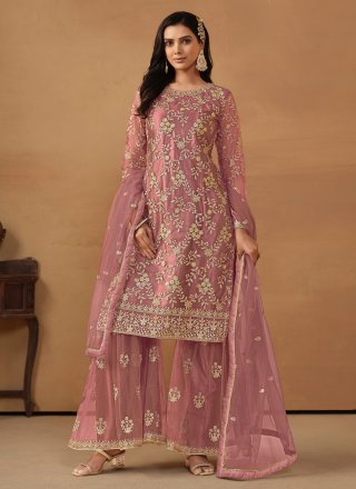 Pink Net Embroidered and Sequins Work Trendy Suit for Ceremonial