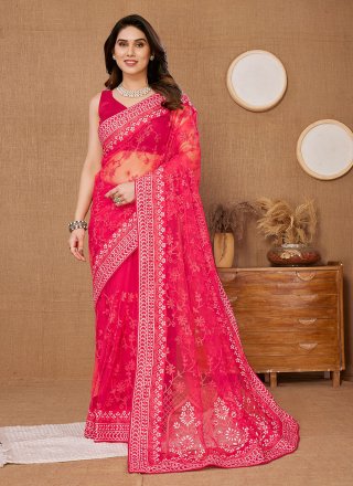 Pink Net Embroidered and Thread Work Classic Saree for Ceremonial
