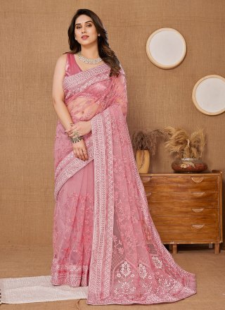 Pink Net Embroidered and Thread Work Trendy Saree