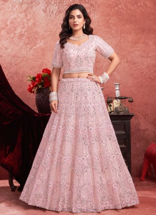 Pink Net Embroidered, Hand and Sequins Work Readymade Lehenga Choli