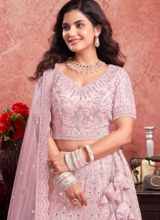 Pink Net Embroidered, Hand and Sequins Work Readymade Lehenga Choli