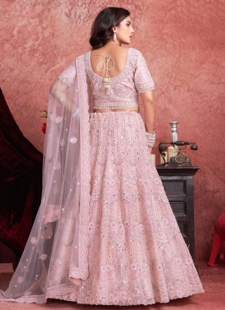 Pink Net Embroidered, Hand and Sequins Work Readymade Lehenga Choli