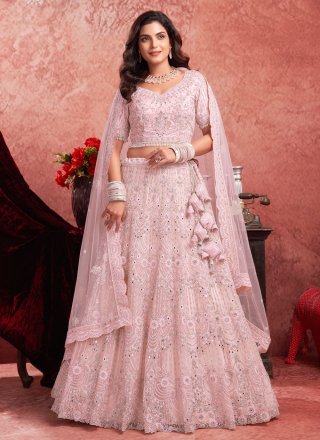 Pink Net Embroidered, Hand and Sequins Work Readymade Lehenga Choli
