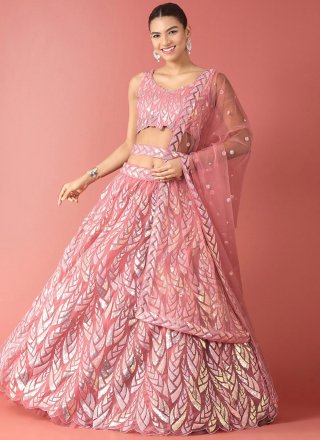 Pink Net Embroidered, Sequins and Thread Work Lehenga Choli for Engagement