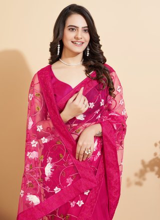 Pink Net Embroidered Work Classic Sari
