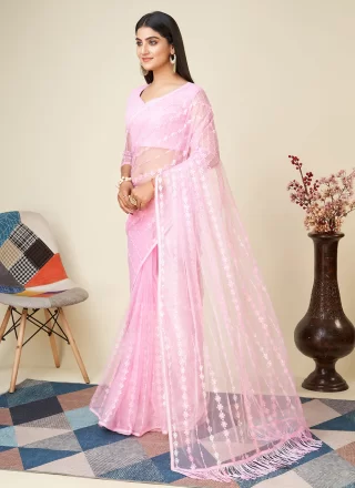 Pink Net Embroidered Work Traditional Saree for Women