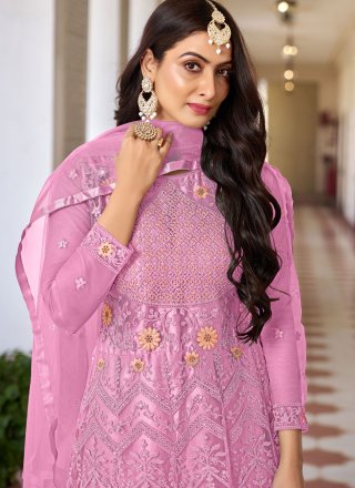 Pink Net Floor Length Salwar Suit with Embroidered and Sequins Work for Party