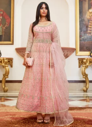Pink Net Floor Length Salwar Suit with Embroidered and Thread Work