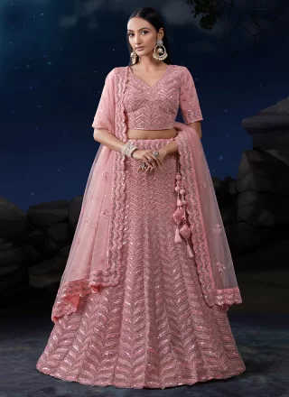 Pink Net Lehenga Choli with Dori and Sequins Work for Engagement