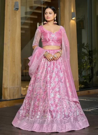 Pink Net Lehenga Choli with Embroidered and Sequins Work
