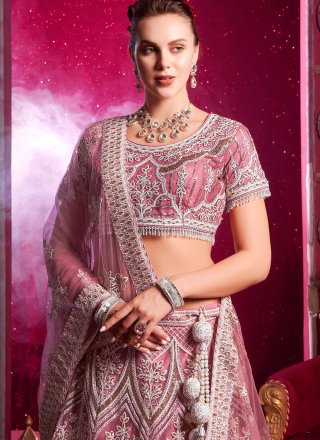 Pink Net Readymade Lehenga Choli with Aari and Embroidered Work for Engagement