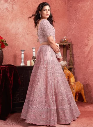 Pink Net Readymade Lehenga Choli with Embroidered, Hand and Sequins Work for Engagement