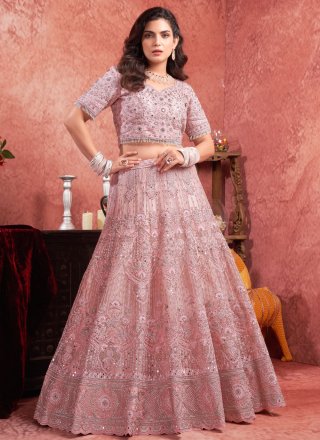Pink Net Readymade Lehenga Choli with Embroidered, Hand and Sequins Work for Engagement