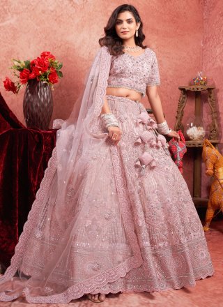 Pink Net Readymade Lehenga Choli with Embroidered, Hand and Sequins Work for Engagement