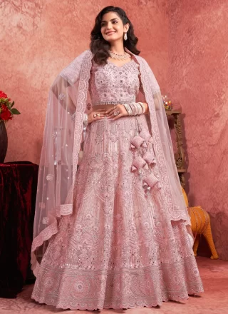 Pink Net Readymade Lehenga Choli with Embroidered, Hand and Sequins Work for Engagement