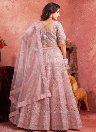 Pink Net Readymade Lehenga Choli with Embroidered, Hand and Sequins Work for Engagement
