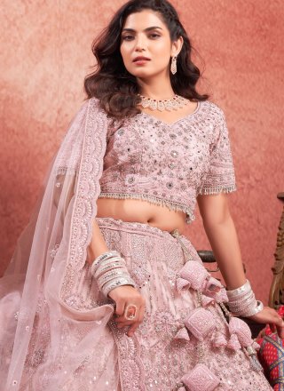 Pink Net Readymade Lehenga Choli with Embroidered, Hand and Sequins Work for Engagement