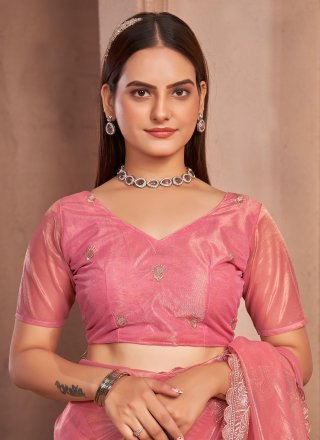 Pink Net Trendy Saree with Embroidered and Swarovski Work