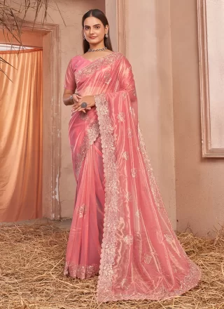 Pink Net Trendy Saree with Embroidered and Swarovski Work